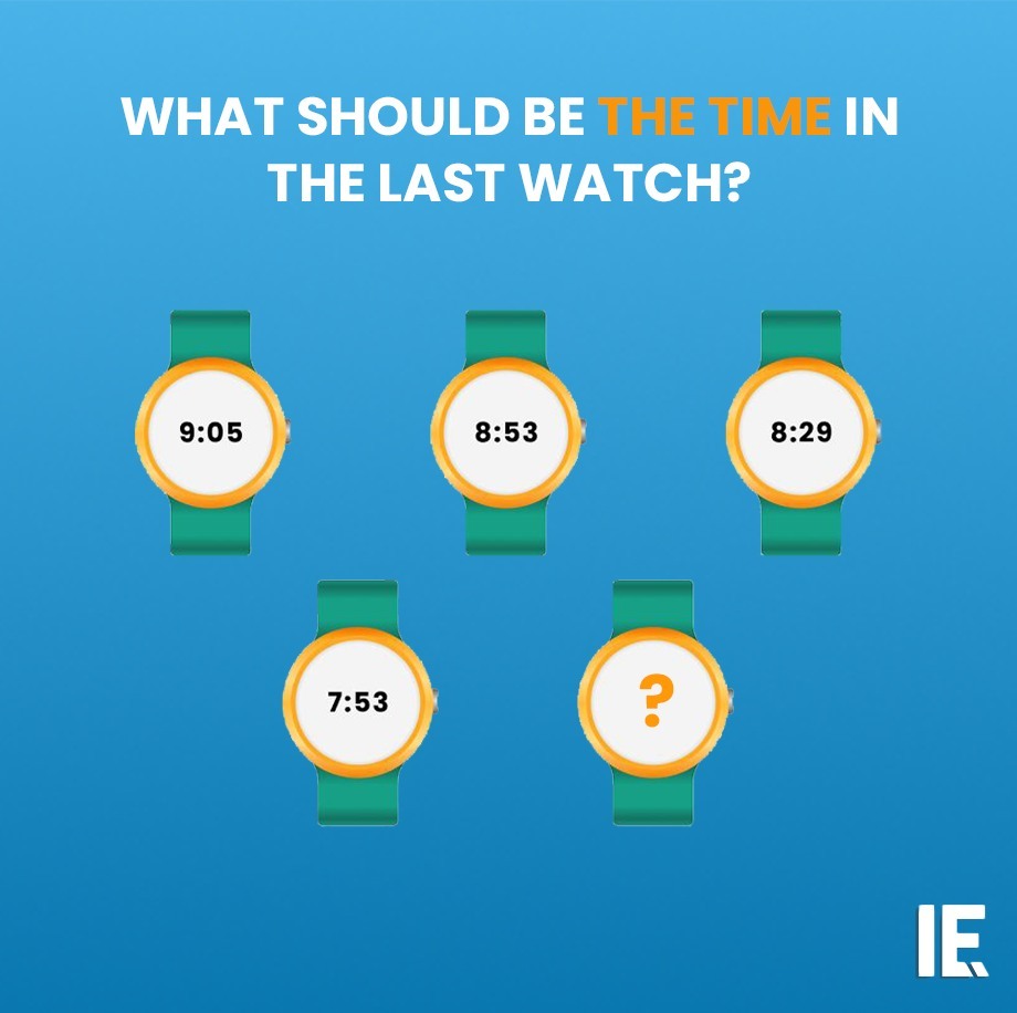 IntEngineering's tweet photo. Each watch follows a time pattern. Can you figure out what time should appear on the last watch?

#iequiz #logicchallenge #puzzleoftheday #brainteaser #engineering https://t.co/Aymyh3ZuiN