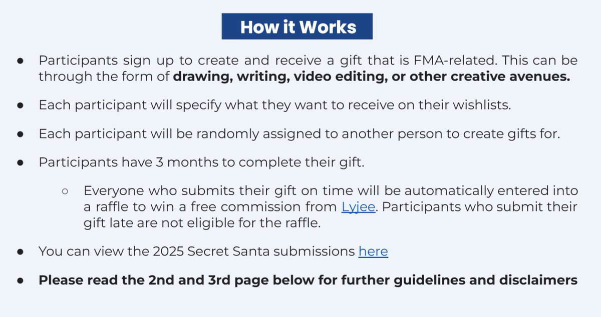 fma_santa's tweet photo. As we are heading closer to the sign-up day, here are our updated rules for this year! Please take a look at them and reach out to us if you have any questions✨

(Other languages are available below)

#fmasecretsanta2026 https://t.co/UXPI5qMWkc