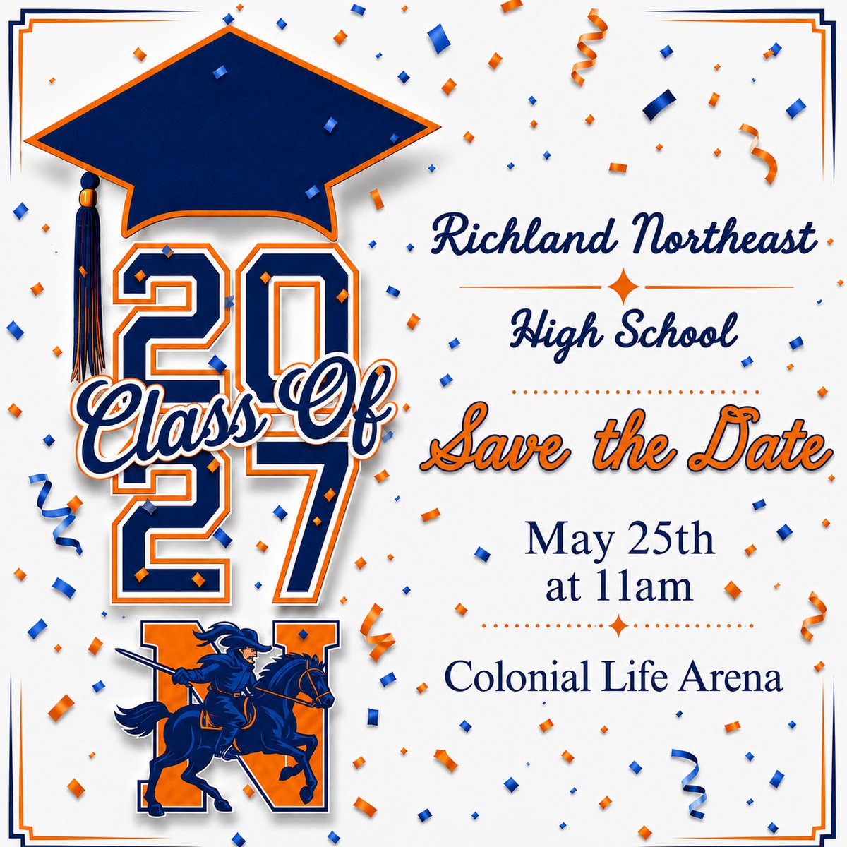 RNECavaliers's tweet photo. ๐ Save the Date, RNE Class of 2027! ๐
Graduation is right around the corner! Join us as we celebrate our graduates.
๐ May 25th
๐ 11:00 AM
๐ Colonial Life Arena
Tag your favorite 2027 senior! ๐๐งก #RNE2027 #Cavaliers #Graduation2027 @DrMarlonThomas @mmyers51309 https://t.co/PyDto7FBcQ