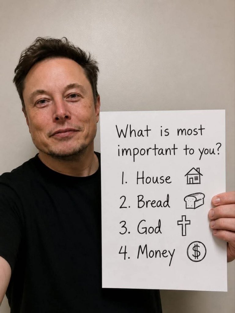0330Akkhiro's tweet photo. Be honest 👇 

🤔 Elon Musk asks: "What's most important to you?" 

A) House 🏠
B) Bread 🍞
C) God ✝️
D) Money 💰 https://t.co/8E4LFnpmnQ