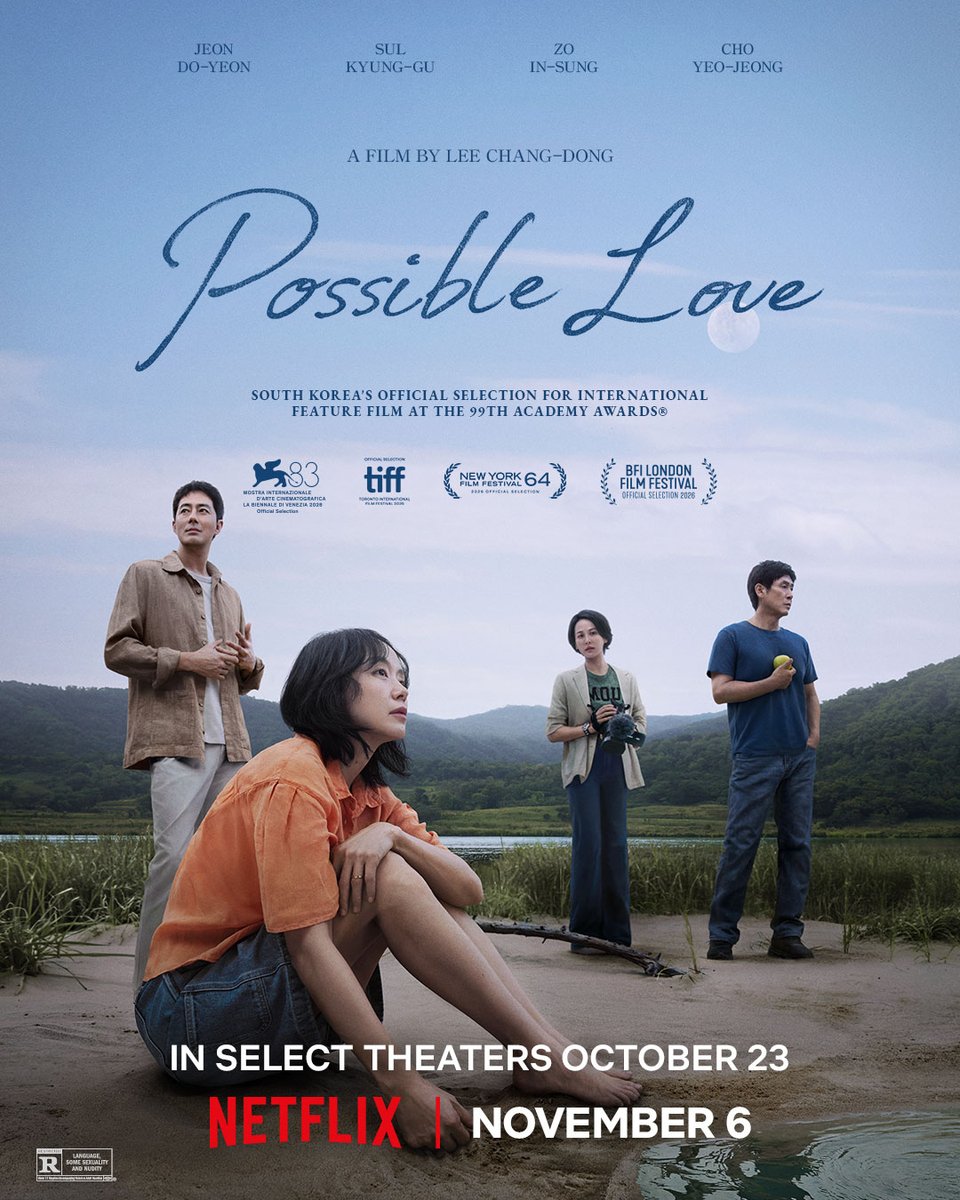 netflix's tweet photo. POSSIBLE LOVE, a new film from Lee Chang-dong, acclaimed director of Burning and Secret Sunshine.

Two married couples cross paths to film a documentary that causes them to face their different lives and hidden desires. Starring Jeon Do-yeon, Sul Kyung-gu, Zo In-sung, and Cho Yeo-jeong.

In select theaters October 23 in the US, Canada, UK, Ireland and Japan. Coming to Netflix November 6.
