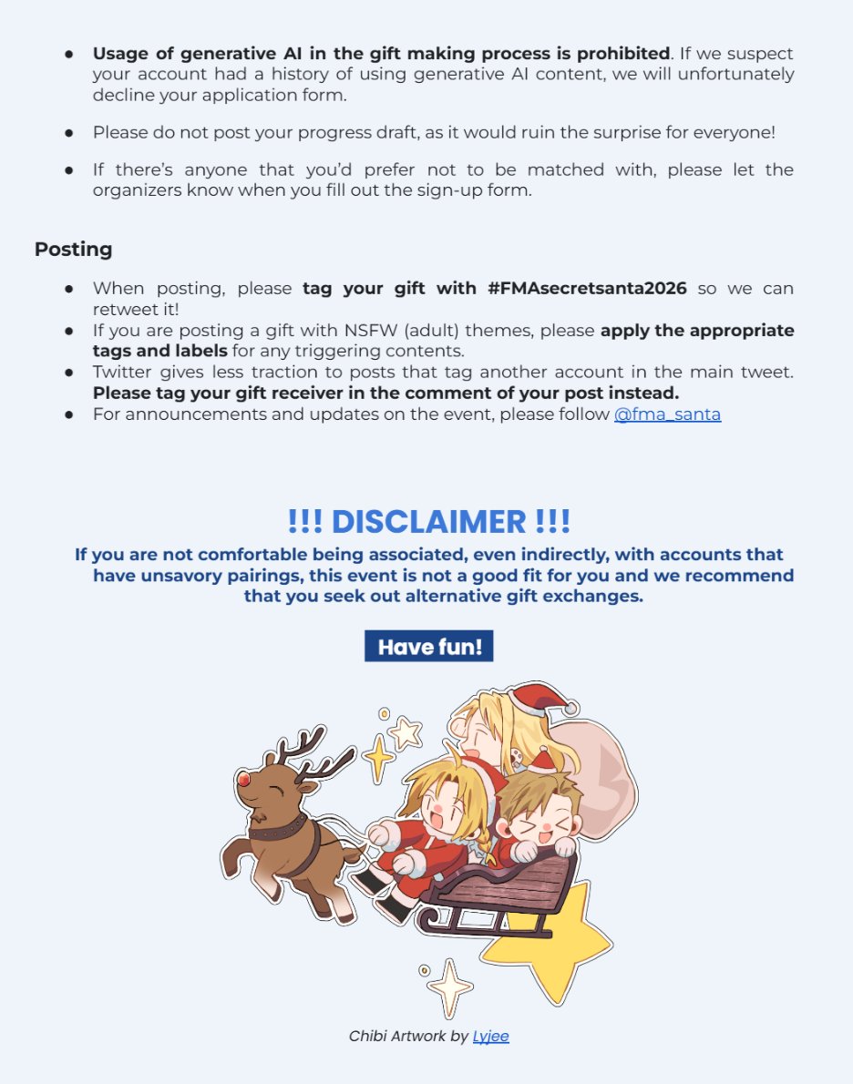 fma_santa's tweet photo. As we are heading closer to the sign-up day, here are our updated rules for this year! Please take a look at them and reach out to us if you have any questions✨

(Other languages are available below)

#fmasecretsanta2026 https://t.co/UXPI5qMWkc