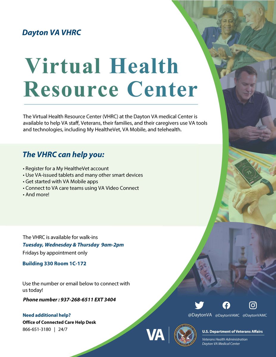 DaytonVA's tweet photo. The Virtual Health Resource Center (VHRC) is extending walk-in hours and days available for Veterans. The new hours are:

Tuesday 9:00am-2:00pm
Wednesday 9:00am-2:00pm
Thursday 9:00am-2:00pm
Friday – Appointment only
(CBOC locations when needed)

The VHRC is in the medical center, building 330. 1st floor, room 1C-172.