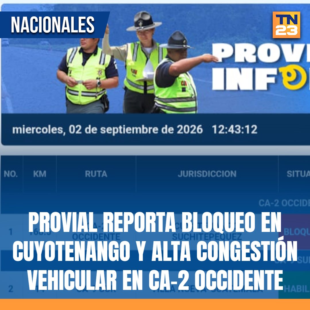TN23NOTICIAS's tweet photo. 🚨 #Provial #reporta #bloqueo en #Cuyotenango y alta #congestión #vehicular en CA-2 Occidente ➡️ https://t.co/BFmTYMp4O8 https://t.co/4csKNr5s4Q