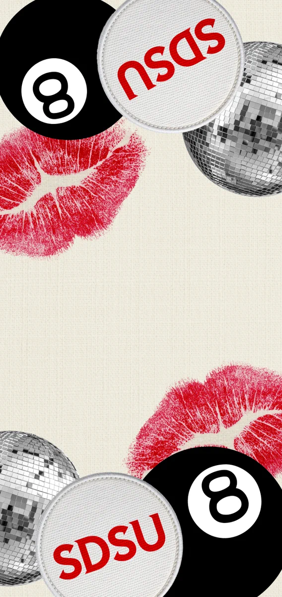 The image features a vertical arrangement of pool balls with the number 8, silver disco balls, and red lipstick marks. The letters "SDSU" appear on some items. The background is a textured off‑white color.