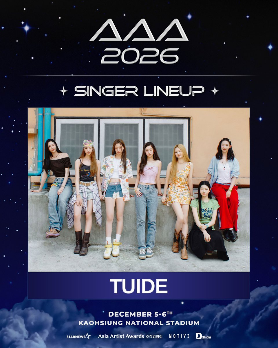 tuideimnida's tweet photo. TUIDE is confirmed to perform at the 2026 Asia Artist Awards, to be held on December 5–6 at Kaohsiung National Stadium in Taiwan.

#TUIDE #튜이드 https://t.co/BMmBDv4VYi