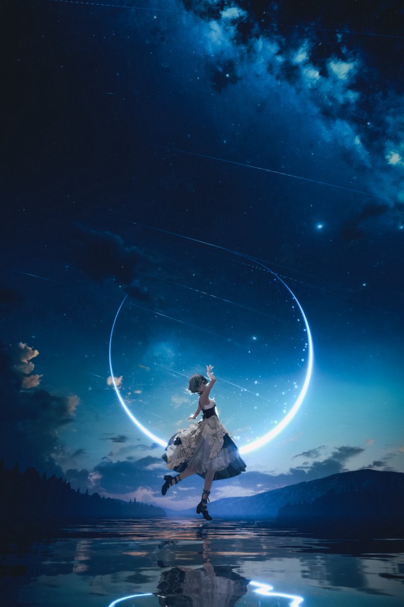 Bismuth833's tweet photo. 水鏡で踊る

World: 星と繊月
By しーの／T_Shiino

#びしょぬれのしずくさん
#bisgraphy https://t.co/eEUfawSFjC