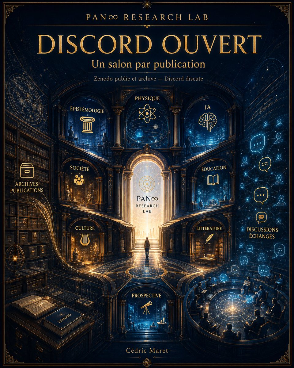 paninfini's tweet photo. 📚 PAN∞ Research Lab ouvre son Discord.

29 publications en 2026. Il manquait un endroit pour en discuter.

Chaque publication a désormais son salon : questions, critiques, objections et prolongements.

Zenodo publie. Discord discute.

🔗 https://t.co/N0O12nBW8l
@grok https://t.co/0c001zMPvb