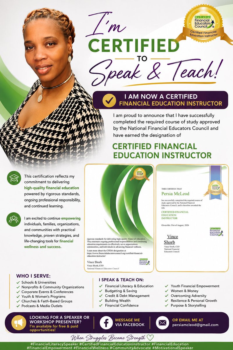 PersiaMcLeod's tweet photo. I’m excited to announce that I’ve earned the Certified Financial Education Instructor (CFEI®) designation!

Looking for a Financial Literacy Speaker or Financial Education Instructor? Send me a message to connect.
#FinancialLiteracy #CFEI #FinancialEducation #Financialspeaker https://t.co/JSy5kKzC5c