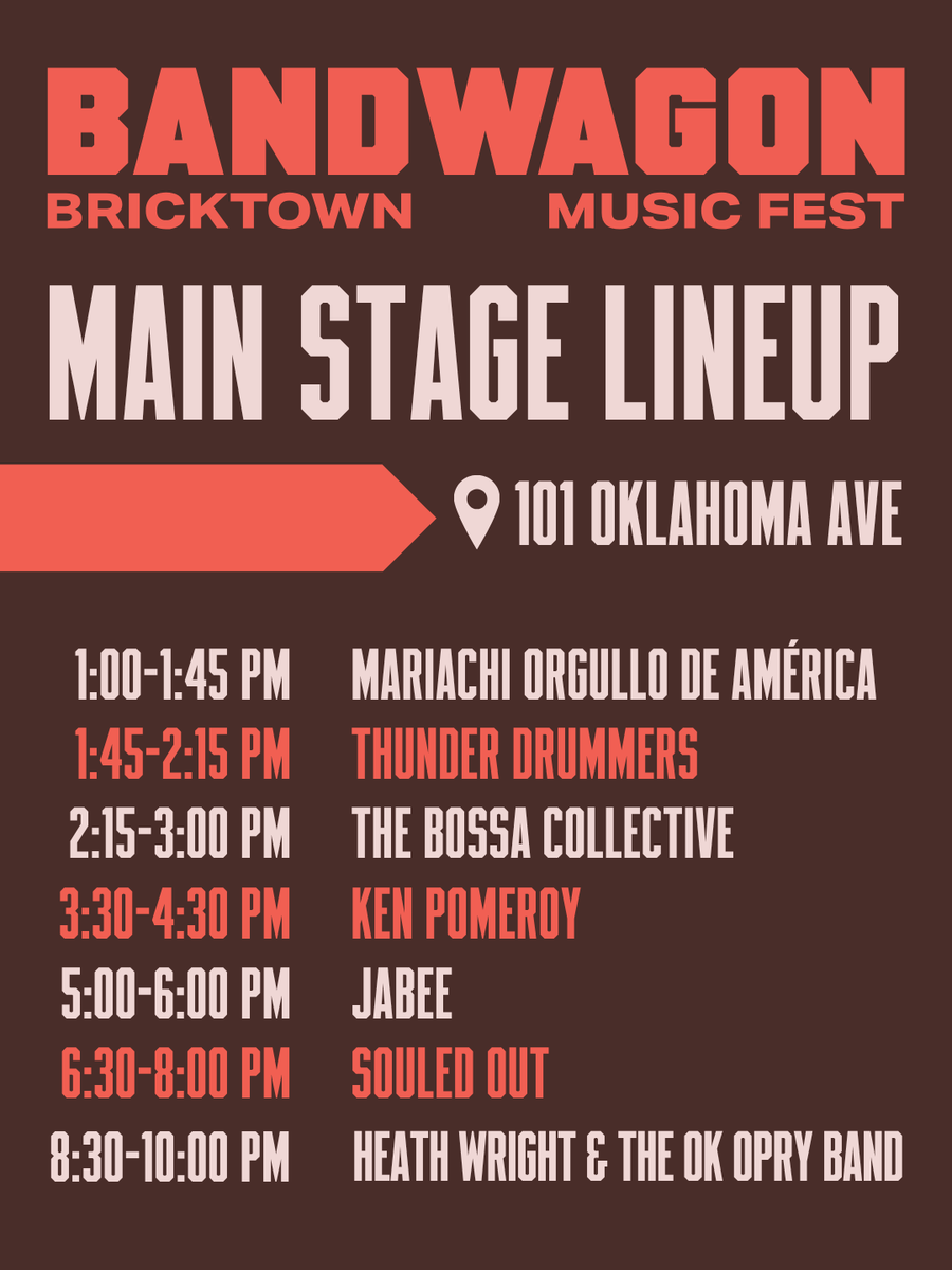 _Bricktown's tweet photo. 🎸 Bricktown's new, free music festival is nearly here! Check out the Main Stage lineup, see the full list of participating venues, and start planning your Bandwagon experience.
See the full schedule: https://t.co/sMPdnQD3TC https://t.co/k9BRRuWQEm