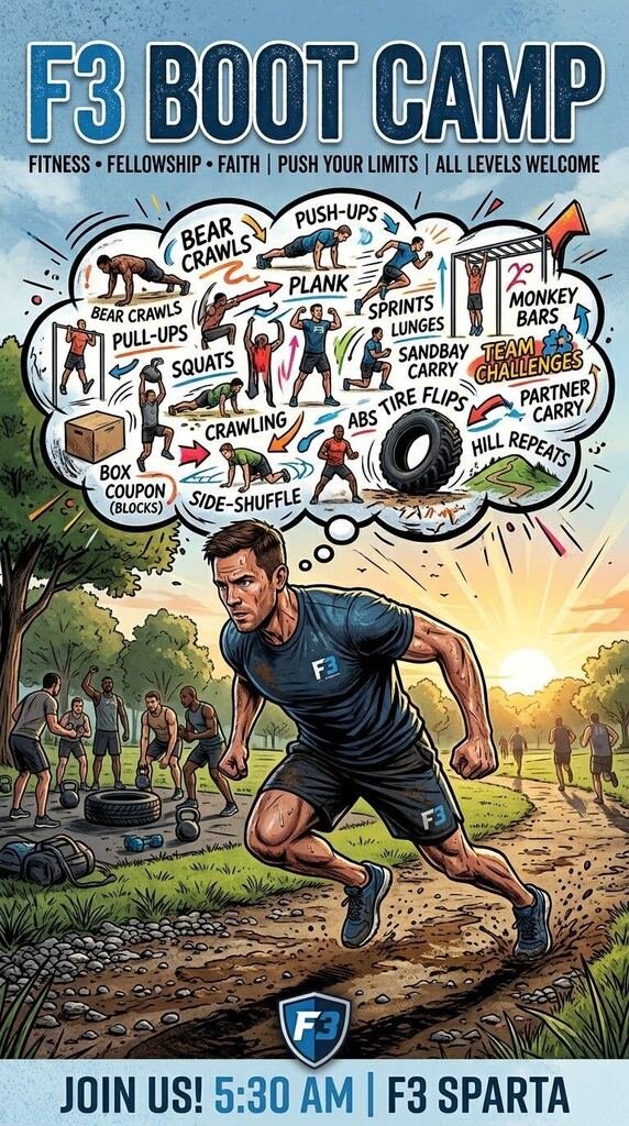 F3Lincoln's tweet photo. Hold the Block at #F3Sparta.

Hog Barn put 11 HIM through 12 minutes of coupon work: drop it, pay 3 burpees.

Then merkin shuttles and burpee broad jumps.

Not every plan prepares you for what’s next.

Free. Peer-led. Come post.

#F3Nation #SYITG https://t.co/R9UgRHRE7p