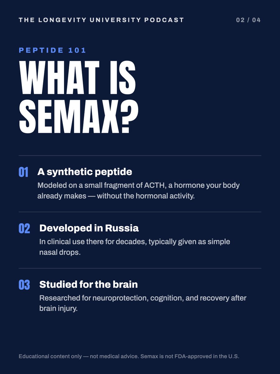 LongevityUPod's tweet photo. Semax has been used in Russian hospitals for decades, given to acute stroke patients. Doctors there report better recovery in speech and movement.

It was recommended to the FDA in July. Ep. 08 with @AskDrRehan is out now.

Educational only. Not FDA-approved in the US. https://t.co/xRsmvLblfl