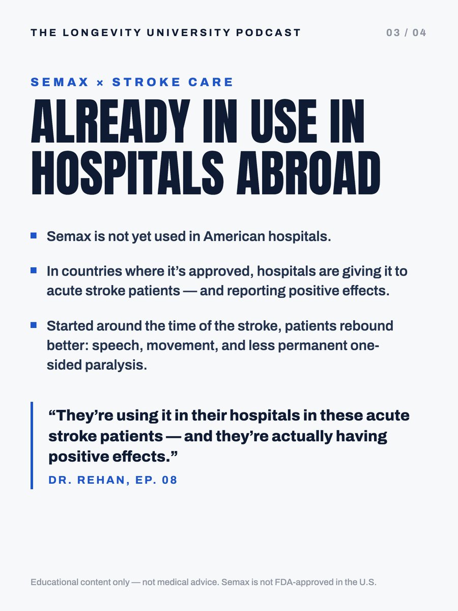 LongevityUPod's tweet photo. Semax has been used in Russian hospitals for decades, given to acute stroke patients. Doctors there report better recovery in speech and movement.

It was recommended to the FDA in July. Ep. 08 with @AskDrRehan is out now.

Educational only. Not FDA-approved in the US. https://t.co/xRsmvLblfl