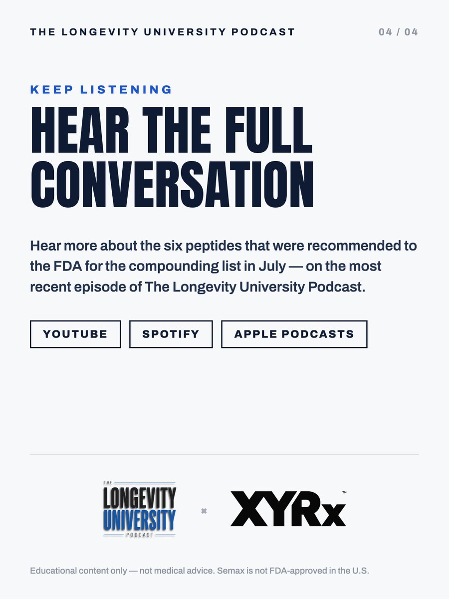 LongevityUPod's tweet photo. Semax has been used in Russian hospitals for decades, given to acute stroke patients. Doctors there report better recovery in speech and movement.

It was recommended to the FDA in July. Ep. 08 with @AskDrRehan is out now.

Educational only. Not FDA-approved in the US. https://t.co/xRsmvLblfl