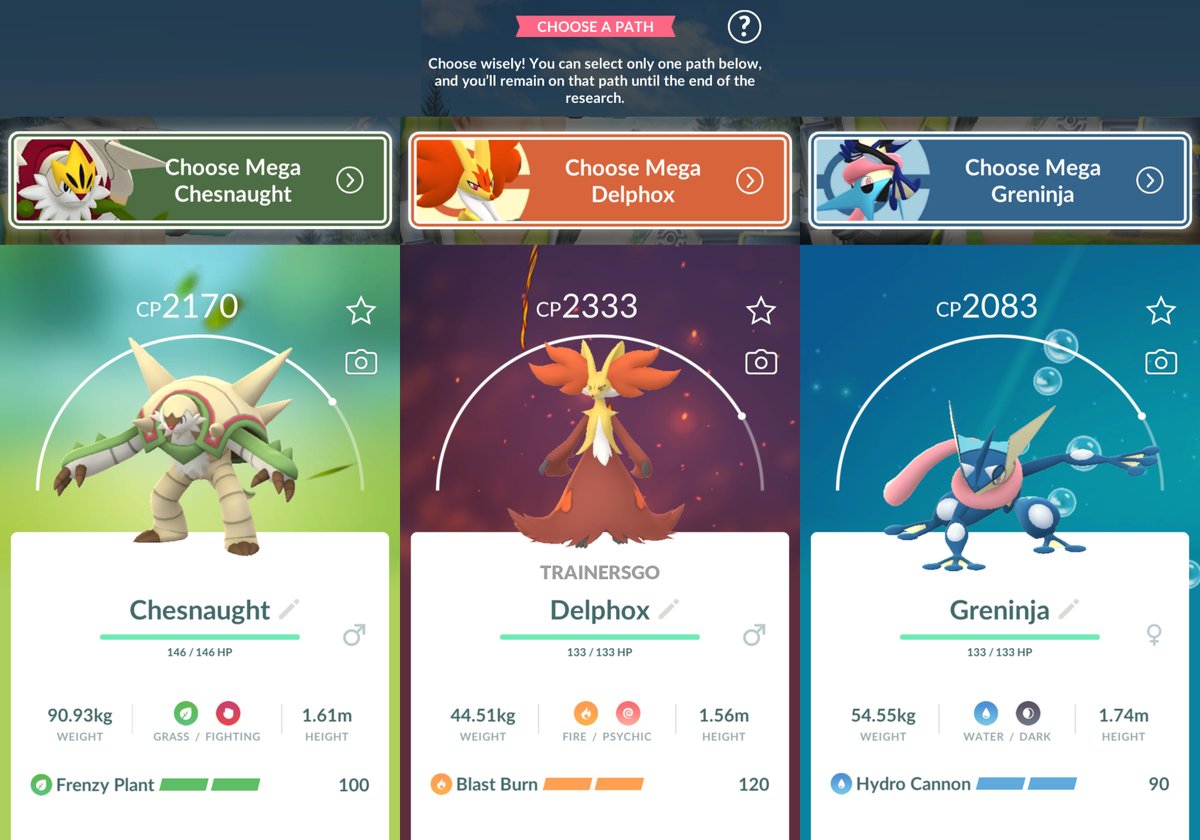 trainersgo2022's tweet photo. 🤓 Recuerden que, al elegir un Pokémon inicial en la investigación temporal ramificada del evento, este podrá obtener su movimiento exclusivo mediante evolución:

🔹 Chesnaught: Planta Feroz
🔹 Delphox: Anillo Ígneo
🔹 Greninja: Hidrocañón

⚠️ El bonus aplica solo al Pokémon inicial elegido, incluidos los que ya tenías antes del evento

#PokemonGOApp #PokemonGO