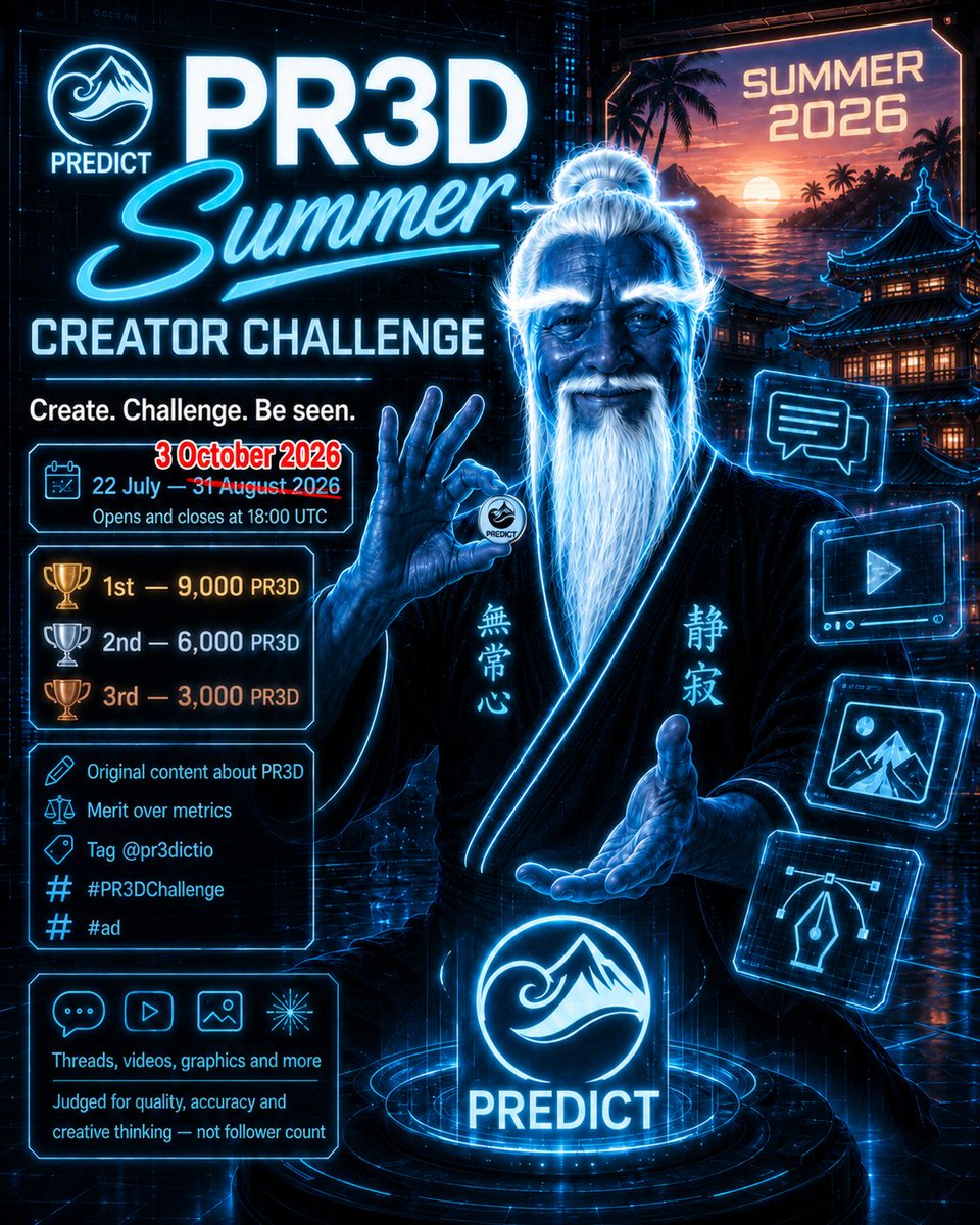 Pr3dictio's tweet photo. 🌴 We’re back from vacation — and we’ve decided to extend the PR3D Creator Challenge! 🚀🔥

The new deadline is October 3, 2026. ⏳
More time. More creativity. More chances to win. 🏆
Now show us what you’ve got — go all in! ⚡️🔮

#PR3DChallenge #PR3DICT #PR3DICT https://t.co/JQUvEHSkXz