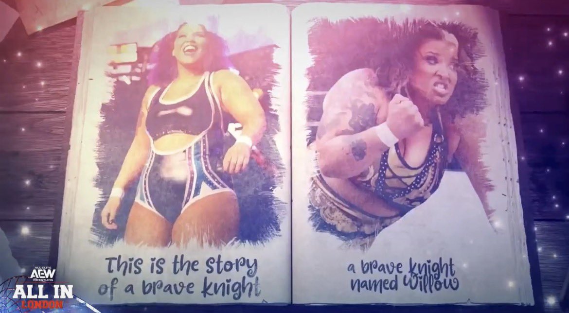 LyricWrestling's tweet photo. It took rewatching the match and entrances to catch this detail but Mercedes calling back to the original Resurgence match by going full Evil Queen right before Willow’s storybook intro was brilliant. https://t.co/Aoywi7eEUE