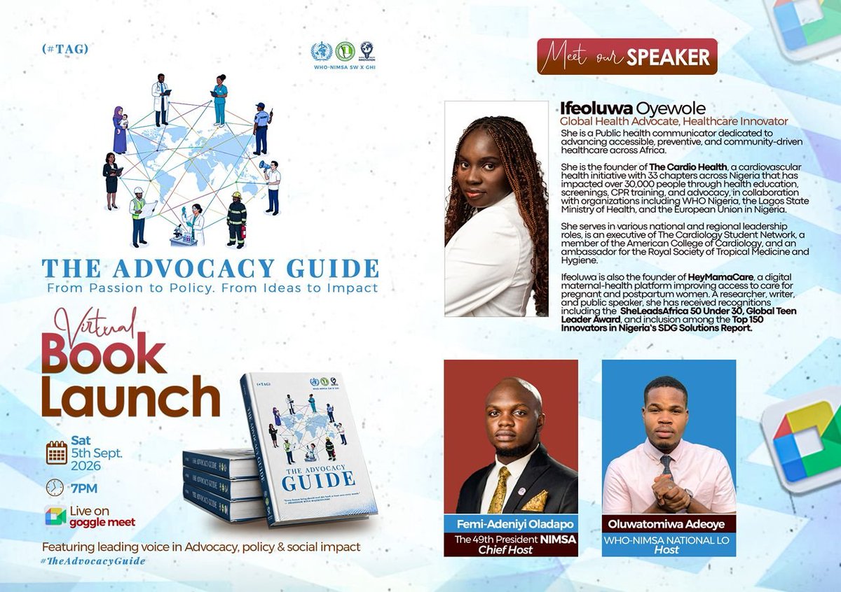 NiMSA_WHO_SW's tweet photo. A powerful force for health advocacy, innovation and community-driven change is joining us to bring fresh perspectives to The Advocacy Guide. 🌍🩺📖

Meet the Global @TheAdeife Oyewole, an Health Advocate and @TheCardioHealth and @HeyMamaCare Healthcare Innovator. https://t.co/8hQu9BD94c
