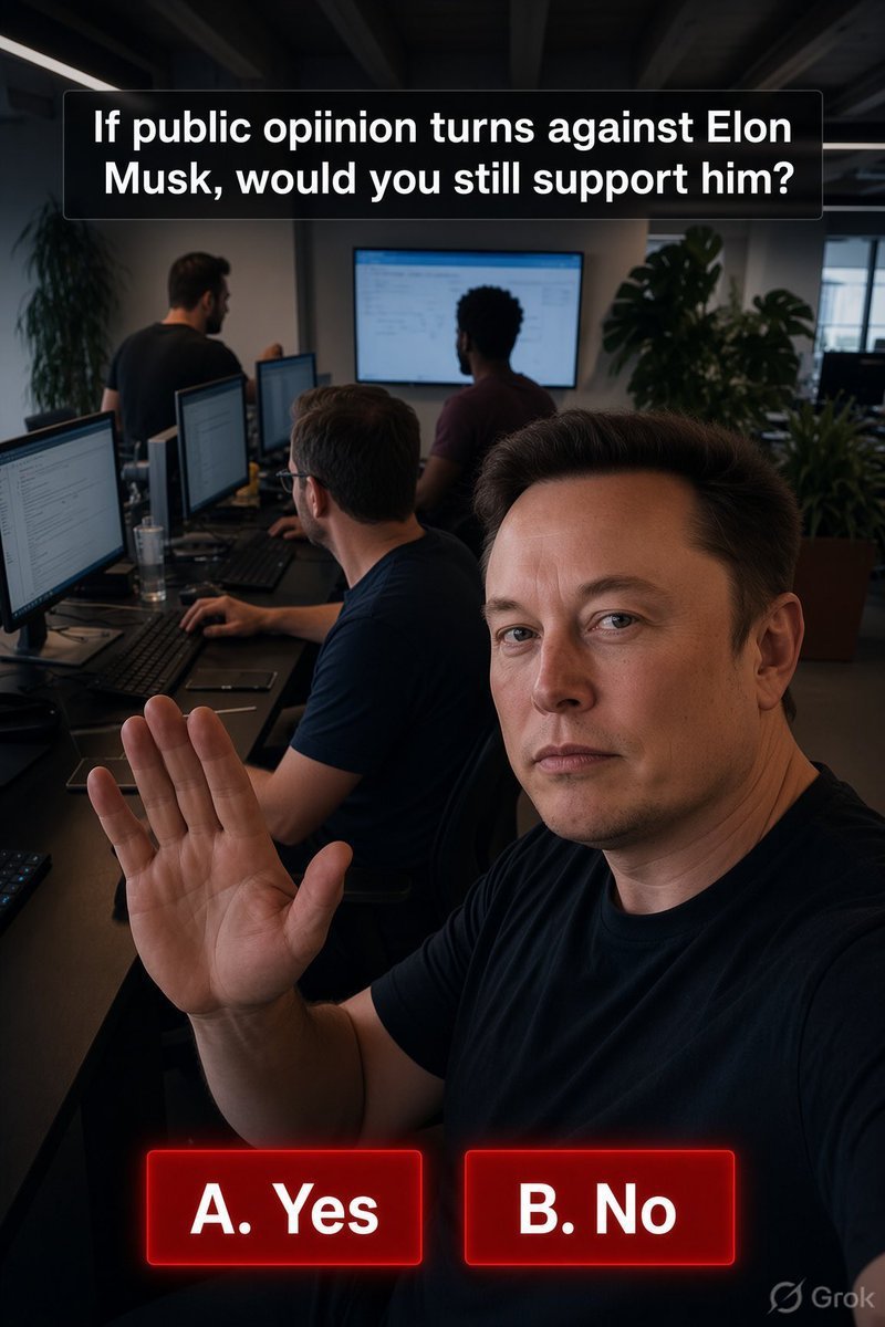 Doge19775's tweet photo. Be honest.

If public opinion turns against Elon Musk, would you still support him?

A. Yes
B. No https://t.co/rpUcWKhIHY