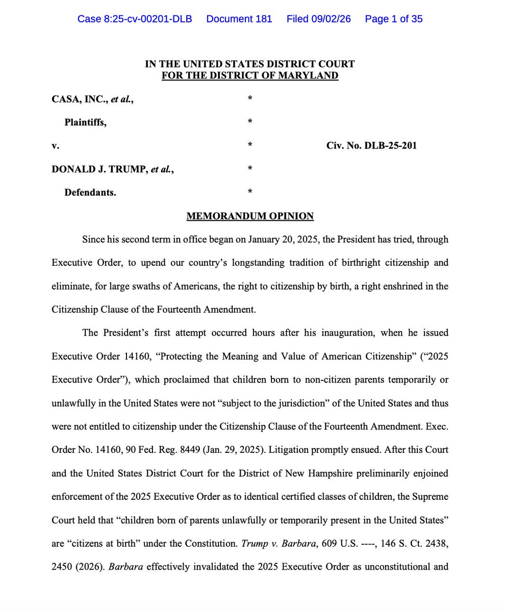 girlsreallyrule's tweet photo. US District Judge Deborah Boardman issued a preliminary injunction barring enforcement of a Trump executive order which seeks to deny citizenship to children born on US soil to foreign parents who came in a “commercial transaction” or are “alien enemies.” https://t.co/u1bI2WVPOh https://t.co/fb4vyVHyI6