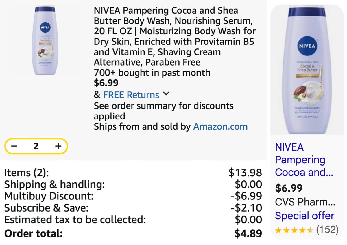 glitchaddicts's tweet photo. $2 NIVEA BODY WASH

Amazon has NIVEA Cocoa &amp; Shea Butter Body Wash for just $4.89 for TWO

Add 2 to cart and select Select Subscribe &amp; Save

Discount will apply when you CHECKOUT

Won't last long

https://t.co/BazMUq945d #ad https://t.co/ic4mOQur2K