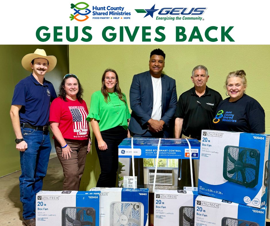GEUSsocialmedia's tweet photo. GEUS recently donated fans and an air conditioning unit to Hunt County Shared Ministries to help neighbors in need stay cool during the Texas heat. We're proud to partner with HCSM to make a meaningful difference in our community every day.
#PublicPower #CommunityPowered https://t.co/JiUB6TZ394