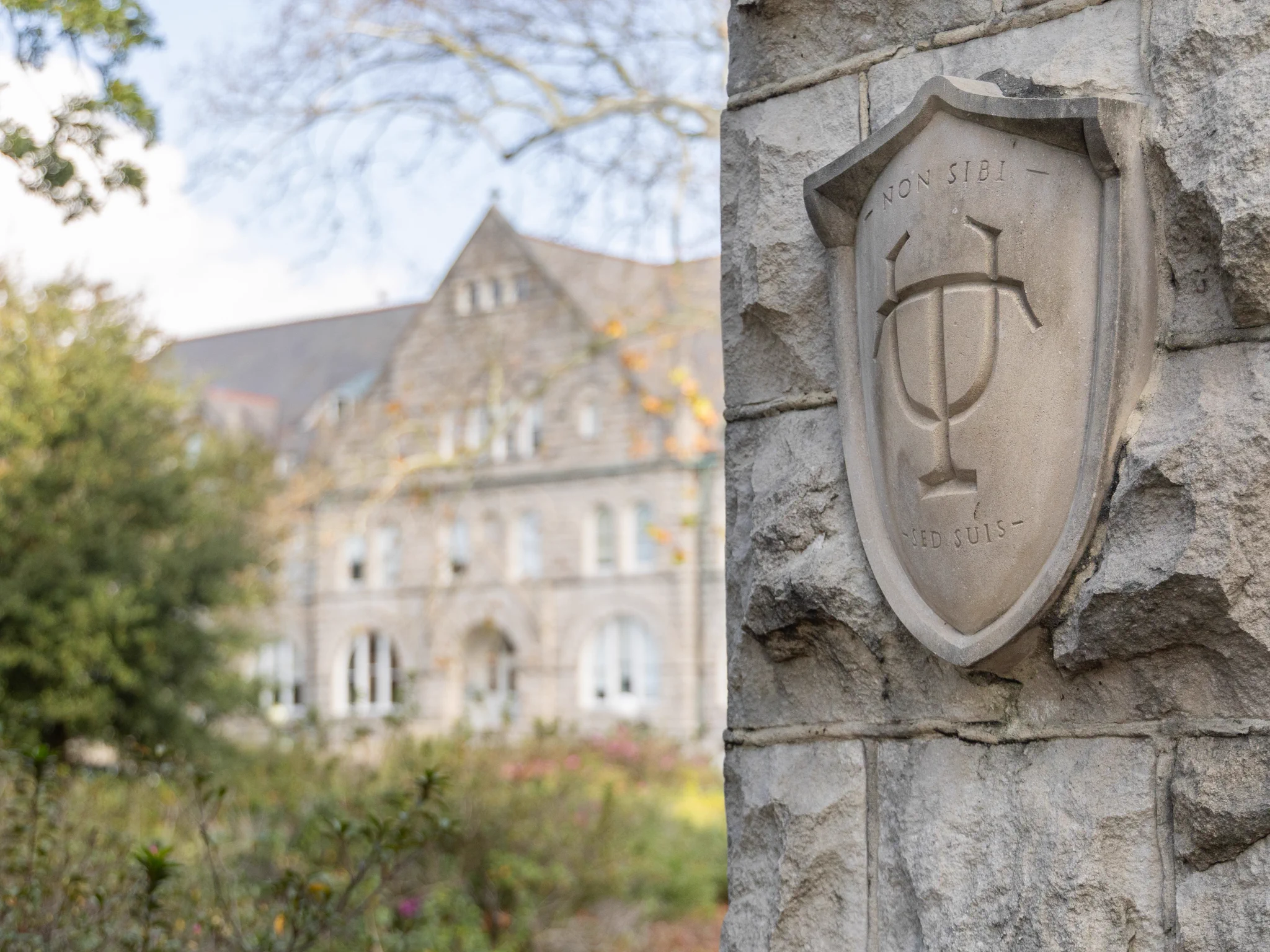 A stone shield with Tulane University's logo is mounted on a wall in the foreground. In the background, there's a large, historic stone building with arched windows and a steeply pitched roof surrounded by trees on Tulane's uptown campus in Louisiana.