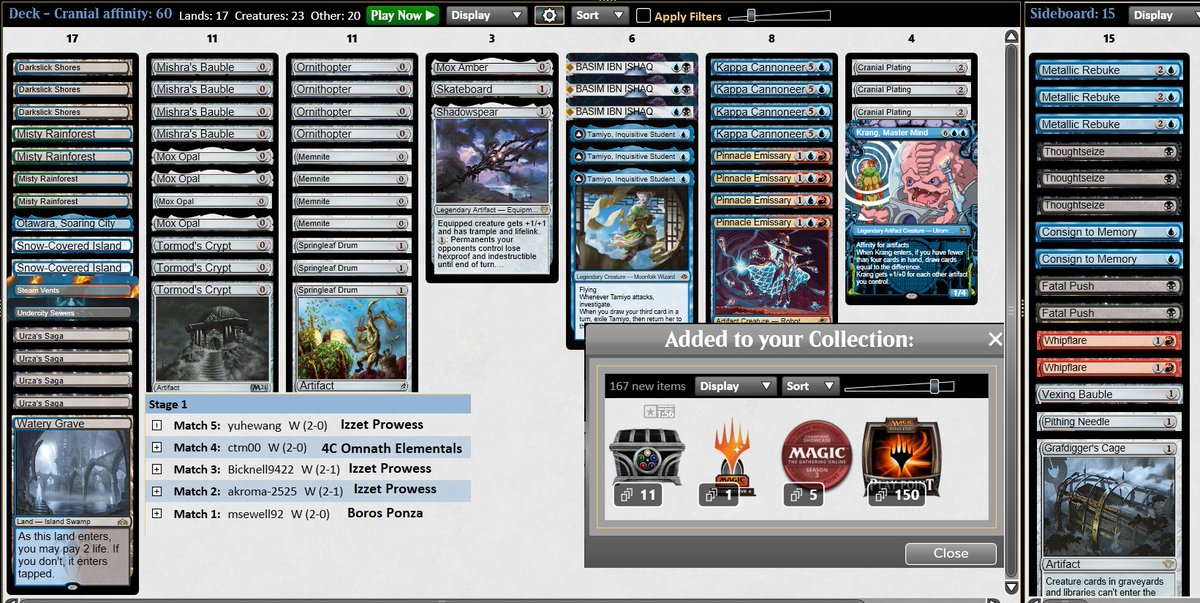Arcbound_Papi's tweet photo. Another 5-0! with Dimir Cranial Affinity / same exact 75 as yesterdays 5-0 and 9th Place Modern chally List. Plating has been ending games abruptly in races. https://t.co/wog8cjIBVy