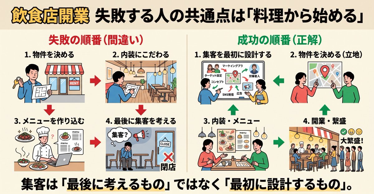 store_start_jp's tweet photo. 600店舗以上の店舗集客支援して、見えてきた。
飲食店開業、失敗する人の共通点は「料理から始める」ことでした。

物件を決める→内装にこだわる→メニューを作り込む→最後に集客を考える。

この順番の店から潰れていきます。

集客は「最後に考えるもの」ではなく「最初に設計するもの」。 https://t.co/yxUM8o7ACA