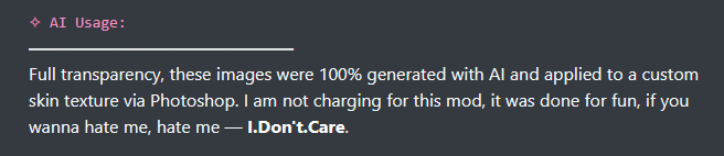 evvrybagel's tweet photo. their response to all this was also AI generated WHY ARE YOU LEAVING IN THE EMDASHES LMAOOOOO

"not charging for this mod" somehow absolves them of contributing to enviromental damage, as well as the rising cost of all PC parts. fuck sel for even allowing all the ai garbage https://t.co/4x8OATFsT4