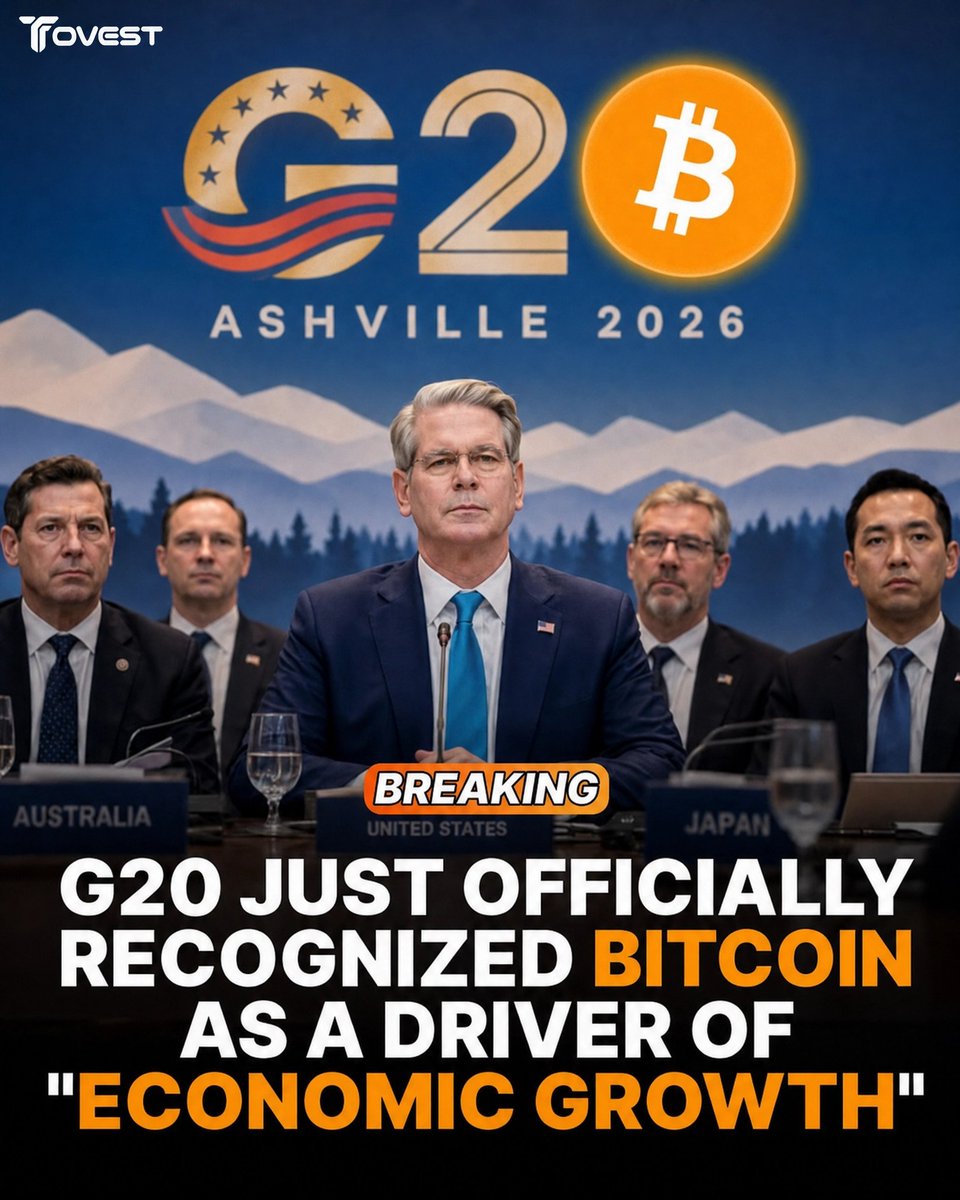 Tovestglobal's tweet photo. BREAKING🔥: The G20 just went on record backing Bitcoin and crypto as engines of economic growth.

Finance ministers and central bank governors from the U.S., China, EU, Japan, and more just wrapped up their summit in Asheville, NC, and put it in writing.

The largest economies on Earth are now calling this space a growth engine, not a threat to be regulated out of existence