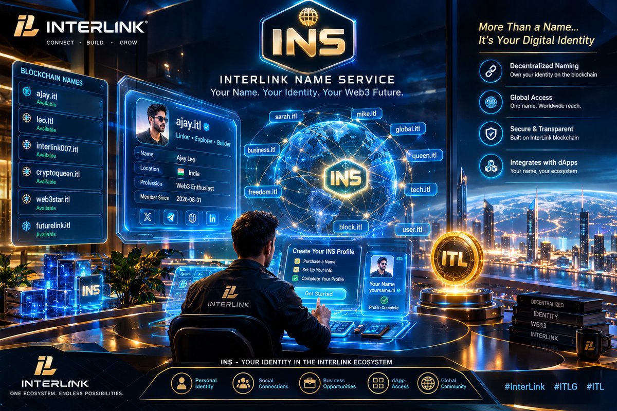 GoudaAjaykumar's tweet photo. Futuristic InterLink Name Service (INS) ecosystem, unique blockchain names represented as glowing digital identities, Linker creating a personalized Web3 profile, elegant holographic identity cards, secure decentralized naming infrastructure,8K, 

#InterLink #ITLG #ITL https://t.co/QQqJqPWCEL