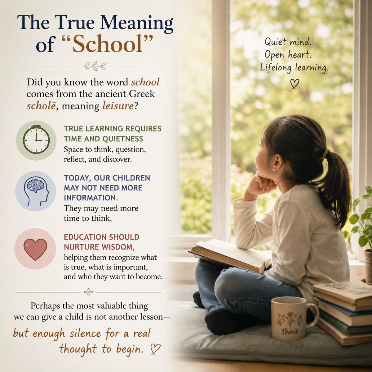 MariaLee2026's tweet photo. The True Meaning of “School” May Surprise You.

Did you know that the word “school” comes from the ancient Greek word scholē (σχολή)?

And its original meaning was: leisure. Isn’t that interesting?

Today, our children are constantly rushing—rushing to finish assignments, prepare for exams, attend activities, and keep up with everyone else.

But thousands of years ago, the ancient Greeks had a very different understanding of learning.

They believed that true learning requires leisure—not laziness or doing nothing, but having the freedom and quietness to observe, think, question, and reflect.

Because a mind that is constantly overwhelmed by information, driven by anxiety, and pushed from one goal to the next may not have much space left for genuine thought.

Today, our children certainly don't lack information:
📚 Tutoring
📝 Exams
📱 Smartphones
💻 Social media
🏆 Competition and achievement

Sometimes, the most important thing education can give a child is not another lesson—

but a little silence in which a real thought can begin.
