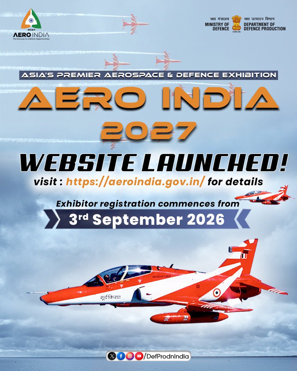 DefProdnIndia's tweet photo. Aero India 2027, Asia’s largest Air Show will be held at Air Force Station Yelahanka, Bengaluru from 8th to 12th February, 2027.

Exhibitor registrations for Aero India 2027 will start from 03rd September 2026 through a dedicated Aero India website @ https://t.co/FNKqe11xgB. The 16th edition of Aero India 2027, is slated to build upon its illustrious legacy and forge new avenues for collaborations and partnerships in aerospace and defence sectors.

Details: https://t.co/30w2LjlSng

#AeroIndia2027 #AeroIndiaShow #Aerospace
