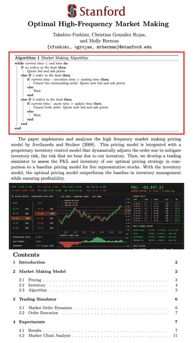 silvanrec's tweet photo. STANFORD FILTRÓ LA FÓRMULA EXACTA QUE USAN LOS BOTS DE WALL STREET PARA GANAR DINERO SIN PARAR

un paper que explica, paso a paso, cómo funciona un bot de market making:

el programa que coloca órdenes de compra y venta todo el tiempo y gana la diferencia entre ambas, ajustando el precio según lo que pasa en el mercado

> el bot decide cada precio según cuánto inventario tiene acumulado, para no quedar expuesto de un solo lado
> si nadie acepta la orden, la cancela y la vuelve a colocar más cerca del precio real
> probaron todo esto en un simulador con datos reales antes de arriesgar dinero
> lo testearon en 5 acciones distintas y lo compararon con la forma clásica de hacerlo

resultado: la versión que ajusta el precio según el inventario gana más dinero y corre menos riesgo que la versión básica

esto cambia el juego para cualquiera que quiera construir su propio bot de trading sin pagar un curso de $2000 ni tener que adivinar cómo lo hacen los fondos grandes

pdf completo en comentarios ↓