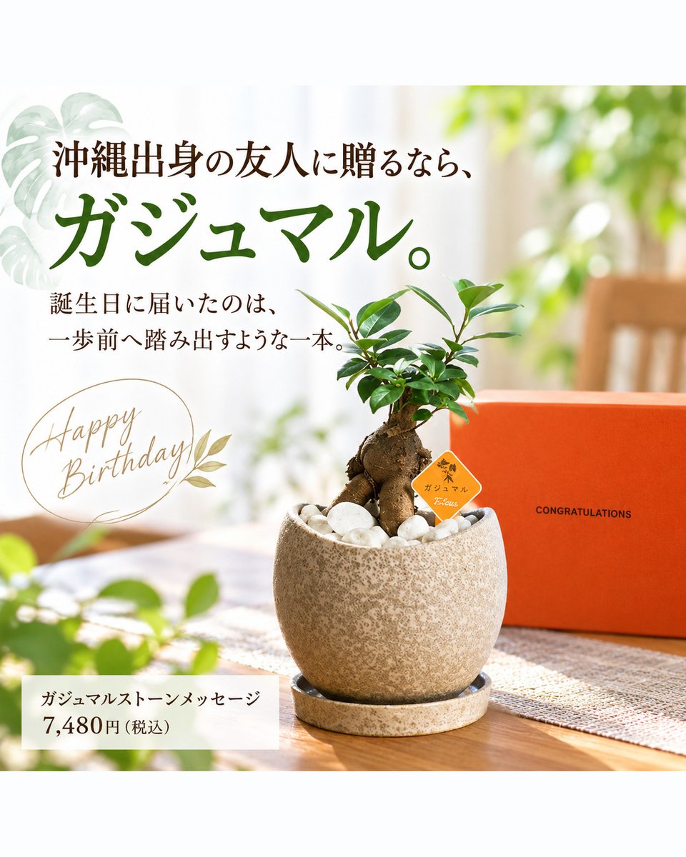 For_Denpo's tweet photo. 「沖縄出身の友人に贈るなら、ガジュマル。」

大切な友人の誕生日に、故郷・沖縄でも親しみ深い。

届いたのは、まるで一歩前へ踏み出すような形の一本。
新しい一年の始まりに、素敵な偶然でした。
For-Denpo「ガジュマルストーンメッセージ」

#ForDenpo #祝電 #ガジュマル #観葉植物ギフト https://t.co/bVx01t2jX3