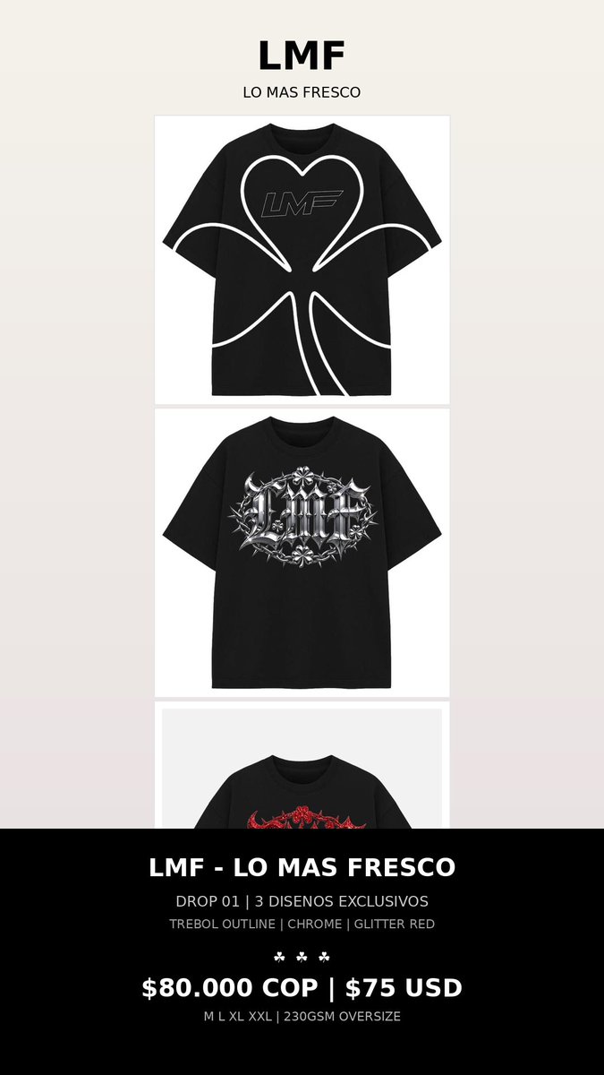 Lucascliff_'s tweet photo. Ahora si pide la drop LMF 🍀
01. *TRÉBOL OUTLINE*  | $75 USD* M L XL XXL
02. *LMF CHROME* - | $75 USD* M L XL XXL
03. *GLITTER RED* -   | $75 USD* M L XL XXL https://t.co/NOehJ3XjTZ