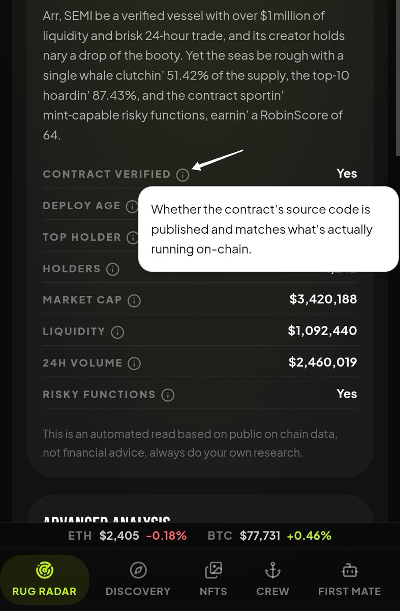 RobinCatapp's tweet photo. Hey Crew, our Rug Radar just got a little smarter.

We added contextual tool-hints across the scan results, so when you see things like RobinScore, liquidity, holder spread, risky functions, etc., you can tap and instantly understand what they actually mean.

The aim is simple: make Rug Radar useful for both beginners still getting accustomed to crypto concepts and experienced users who just want quick context when they need it.

Just making on-chain risk easier to understand.