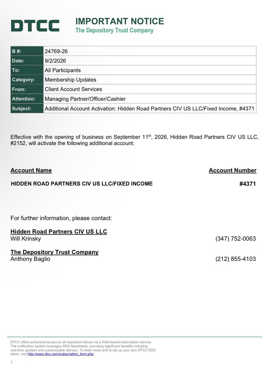 heythereRich's tweet photo. 🏛️ 🔌 FIXED INCOME
DTCC → HIDDEN ROAD → RIPPLE PRIME

Ripple Prime just widened its footprint inside DTCC.

Not in theory.

Not through a partnership announcement.

Through the account architecture.

Effective September 11, 2026, Hidden Road Partners CIV US LLC — now part of Ripple Prime — activates a dedicated FIXED INCOME account at DTCC: #4371.

That is the end of the story.

Now work backward.

Hidden Road first entered the NSCC stack on March 2, 2026, under clearing broker code 0443.

That initial scope was narrow:

OTC products.

Corporates excluded.
Municipals excluded.
Unit investment trusts excluded.

Now, six months later:

OTC → + FIXED INCOME

A separate account.
A separate business line.
A broader clearing footprint.

And that distinction matters.

This notice does NOT say XRP.

It does NOT say XRPL.

It does NOT say tokenized Treasuries.

It does NOT tell us volumes, clients, or why the account is being opened.

It is routine DTCC plumbing paperwork.

That’s exactly why I care about it.

Because the biggest infrastructure shifts rarely arrive with fireworks.

They arrive as:

membership updates
new clearing accounts
account activations
new asset-class permissions
post-trade connectivity
collateral infrastructure

One boring notice at a time.

And remember what Ripple actually bought:

A prime brokerage operating across digital assets, FX, derivatives, financing, repo and fixed income.

Now that prime broker is steadily adding capacity inside the existing U.S. clearing stack.

The architecture starts getting interesting:

DTCC / NSCC
↓
Hidden Road / Ripple Prime
↓
Fixed Income + Repo + Financing + Collateral
↓
Digital-asset infrastructure
↓
Potential blockchain post-trade rails

The last arrow is the one we keep watching.

Do not confuse this notice with proof that XRP or XRPL is settling fixed-income trades.

It isn’t.

But don’t ignore what is actually happening either:

Ripple didn’t build a blockchain and wait for Wall Street to come over.

They bought a prime broker already embedded in Wall Street…

…and that prime broker keeps plugging deeper into the machine.

September 11. Account #4371. Fixed Income.

Another piece of plumbing just got installed.

The water comes later.