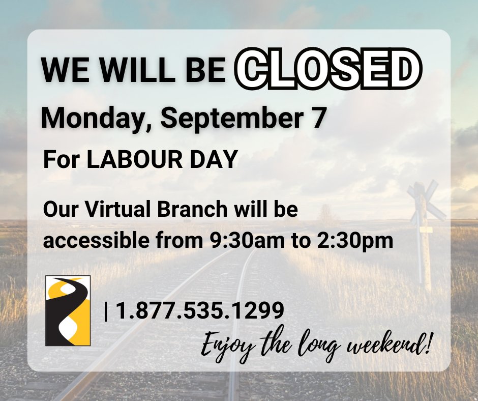 CrossroadsCU's tweet photo. 📢 Please note that all Crossroads Credit Union branches will be closed Monday, September 7 for Labour Day.

🌐 Virtual Branch: 9:30 a.m. to 2:30 p.m. 📞 1.877.535.1299 💬 Live Chat via https://t.co/FNkqSAfD2W &amp; ✉️ contactus@crossroadscu.ca

#LabourDay #CrossroadsCreditUnion https://t.co/9soNPmFxkw