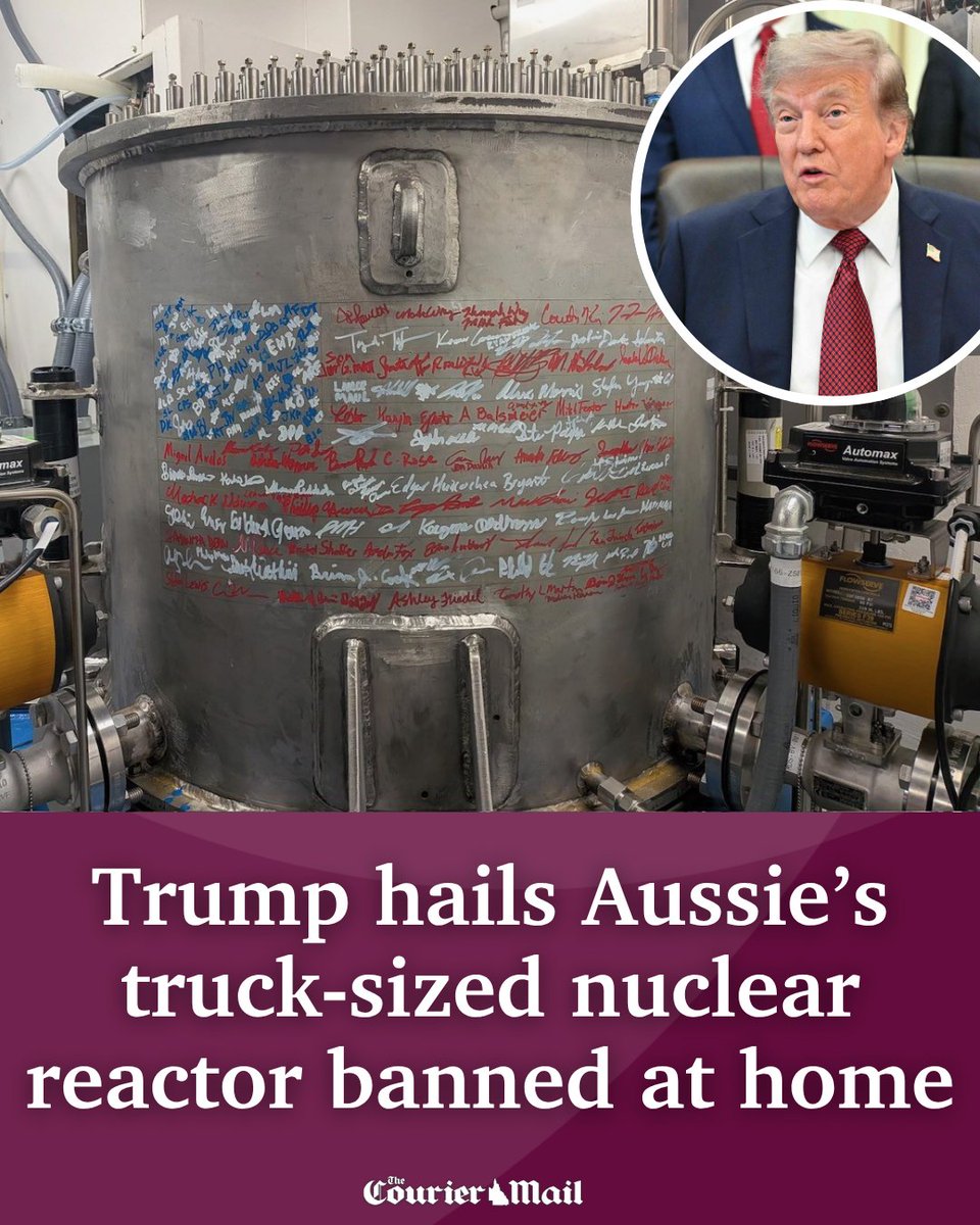 couriermail's tweet photo. A Queensland engineer’s truck-sized nuclear microreactor has won Donald Trump’s praise and billions in orders overseas — but here in Australia, it’s banned. 

SEE THE VIDEO: https://t.co/7mzBQpRDAT https://t.co/oH6mdwm4bs