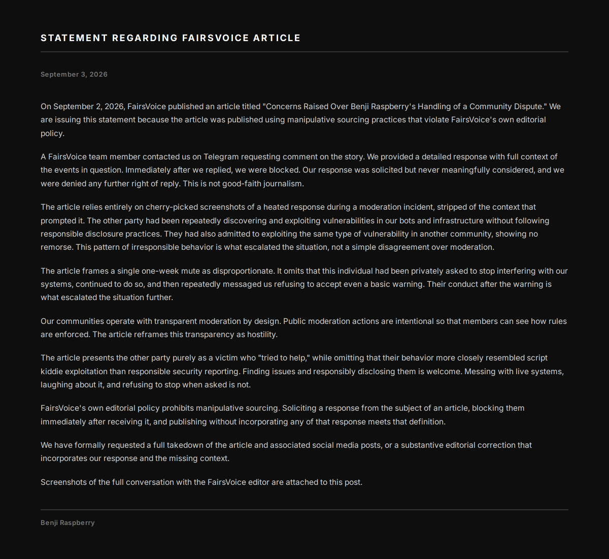 MEchAPoWAH's tweet photo. @FairsVoice This article was published using manipulative sourcing and without incorporating the subject's response. We are formally requesting a takedown or editorial correction.

Our statement and the full conversation are attached. https://t.co/F8SgJyA555