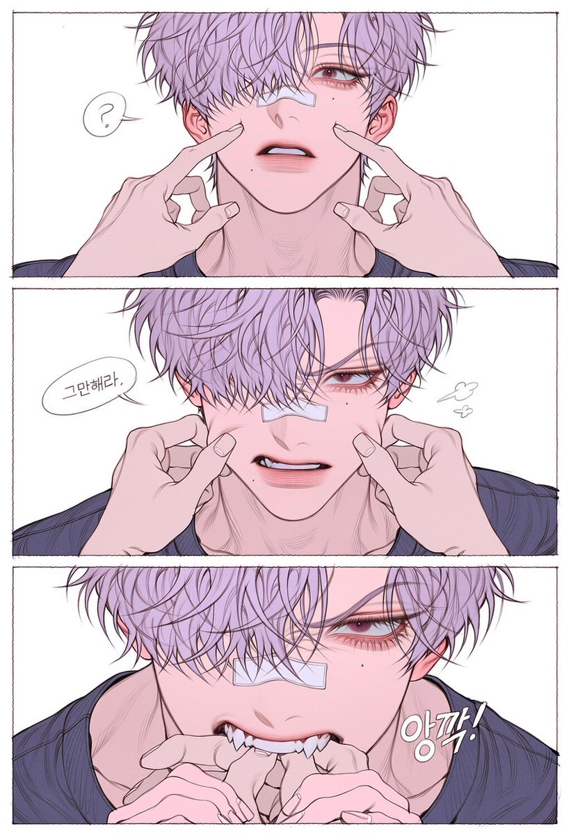 vast_bada's tweet photo. 프롬공유, 그만해라💢
-v5만 가능

3koma, 3panels, vertical comic strip, single character, thin white border

[Panel 1]: Close-up, 2::a pair of hands reaching from off-screen, fingers gently poking and touching A's cheeks::, A looking up with wide surprised eyes, slightly parted lips. A handwritten speech bubble with black text on a white background floating near A's head reading "?"

[Panel 2]: Closer medium close-up, 2::the off-screen hands still playing with A's cheeks, pinching and pulling softly::, A's expression shifting to annoyed, brows furrowing, glaring. A handwritten speech bubble with black text on a white background floating near A's head reading "그만해라."

[Panel 3]: Extreme close-up, 3::A grabbing one of the off-screen hands with both hands, biting down on the fingers::, A's eyes glaring upward with fierce annoyed expression, teeth sinking into the hand. Soft, rounded, bubbly sound effect lettering near A's mouth reading "앙!"

2::continuous zoom-in: surprised → annoyed → angry reaction::, 3::progressive close-up escalation across all three panels::, off-screen hands visible in every panel, only A's face shown