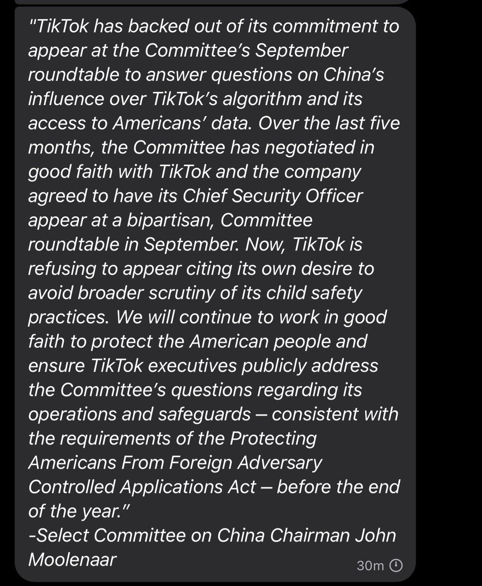 margbrennan's tweet photo. TikTok is now refusing to appear at a September 15th session held by Congress' Select Committee on China originally scheduled to answer questions about its algorithm &amp; access to Americans' data says Chair Moolenaar (R-MI). He says it is to avoid scrutiny of child safety. https://t.co/sQimoXPwS1