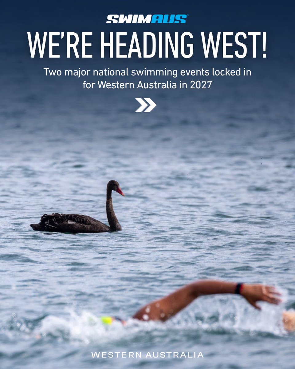 SwimmingAUS's tweet photo. Double the championships. Double the action. One epic state. 🙌

Lock in your calendars — and we’ll see you in WA!👇

🏆 2027 Australian Open Water Championships & Ocean Swim Festival 
🗓️ 21-24 Jan 2027
📍 Bunbury, WA

🏆 Australian Short Course Championships
🗓️ 29 Sept - 1 Oct 2027
📍 Perth, WA

WA, we’re coming your way … twice! 🤩

#WAtheDreamState 🌅🏊‍♀️

@WestAustralia | Swimming WA | @CityofBunbury1