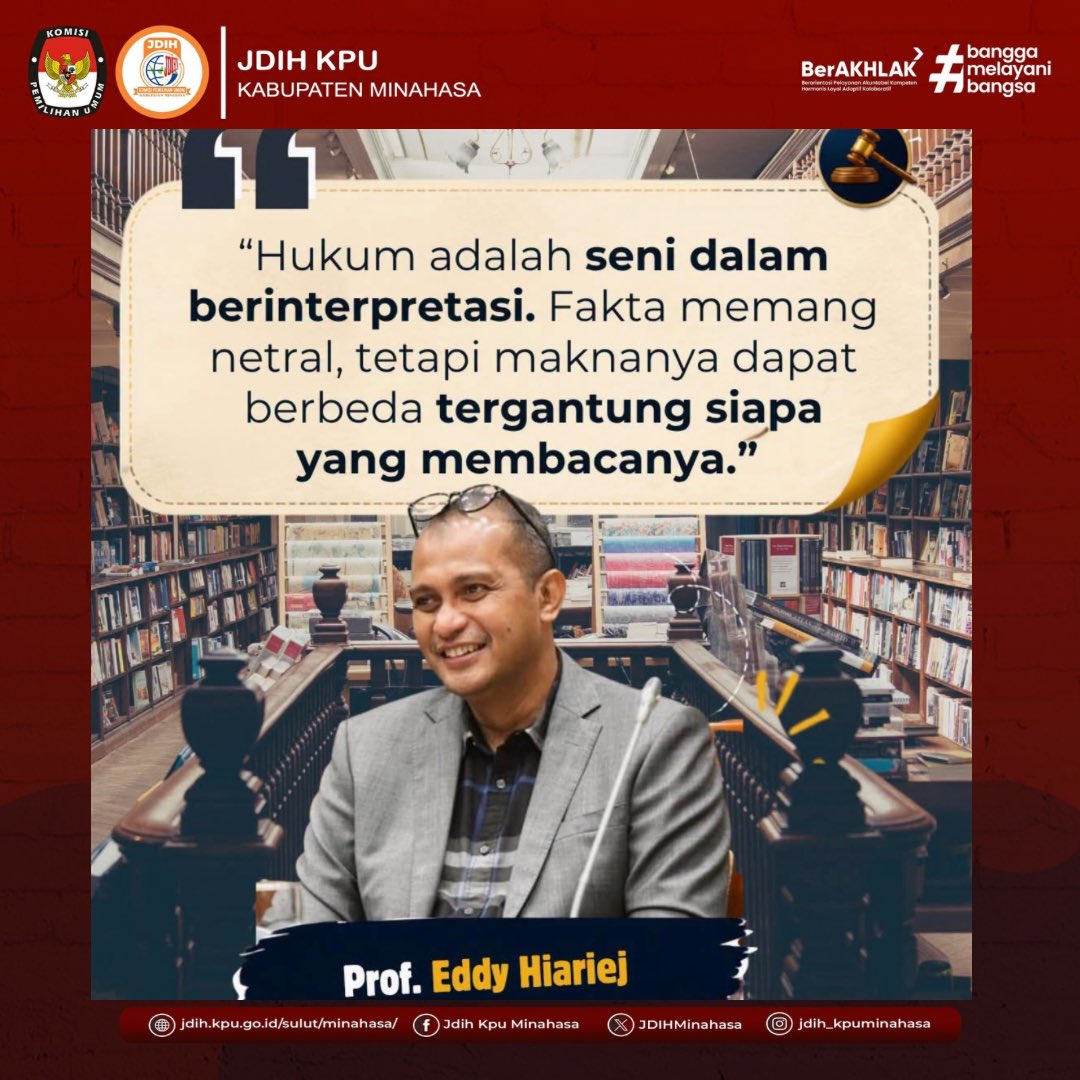 JDIHKPU_Min's tweet photo. Selamat Pagi Sobat #JDIHKPU

“Hukum adalah seni dalam berinterpretasi. Karena fakta itu netral, tergantung siapa yang membacanya.”

#jdihkpuminahasa
#SobatJDIH
#KPUMelayani https://t.co/jOOhNOmYEX