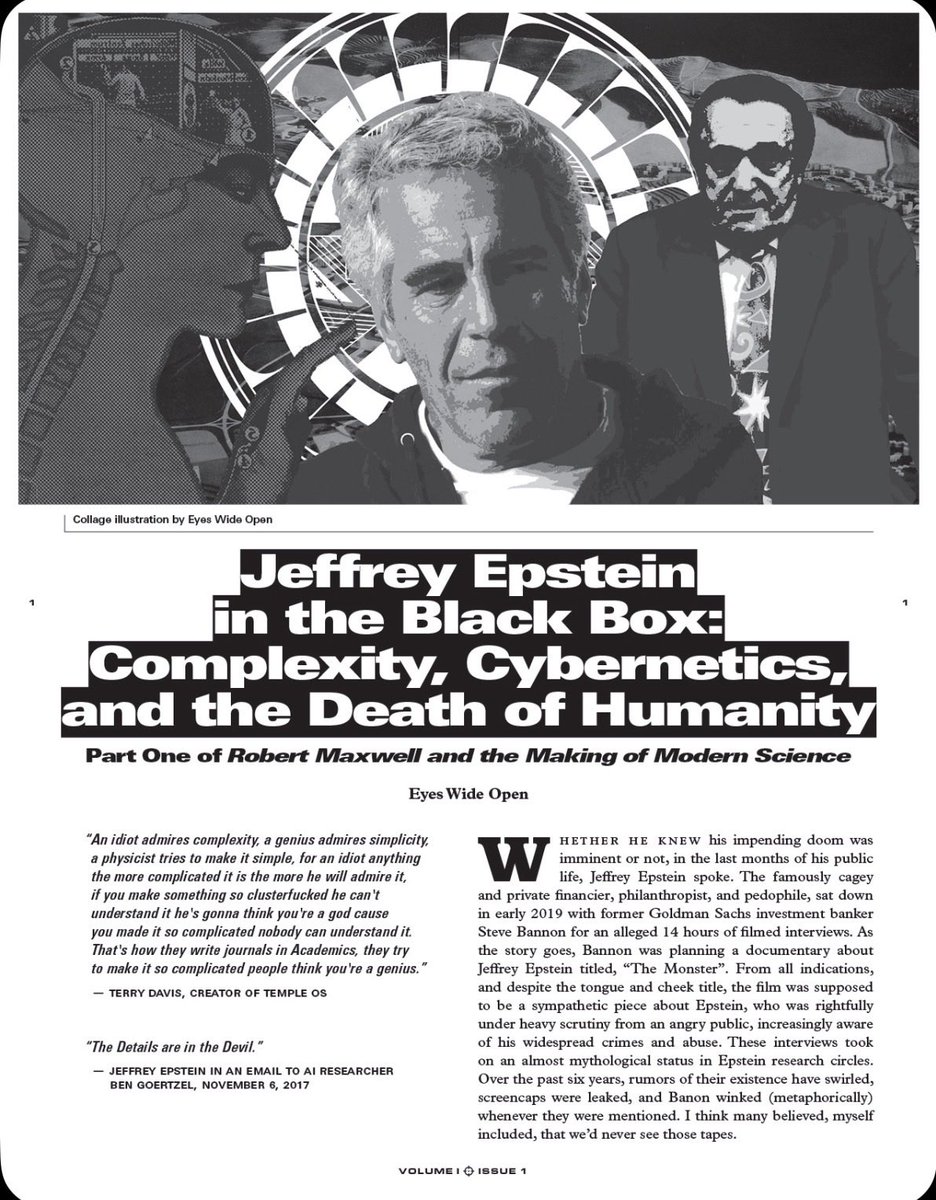 KlonnyPin_Gosch's tweet photo. @CommuNoid_Zine inaugural issue is finally nearing completion

Here we have a sneak peek of the title page of @Eyes_wideopentv barnburner on Epstein, complexity studies, the Santa Fe Institute, &amp; Robert Maxwell’s imprint on modern science, thanks to @thetaburning design prowess https://t.co/hZ3LjlTDB2