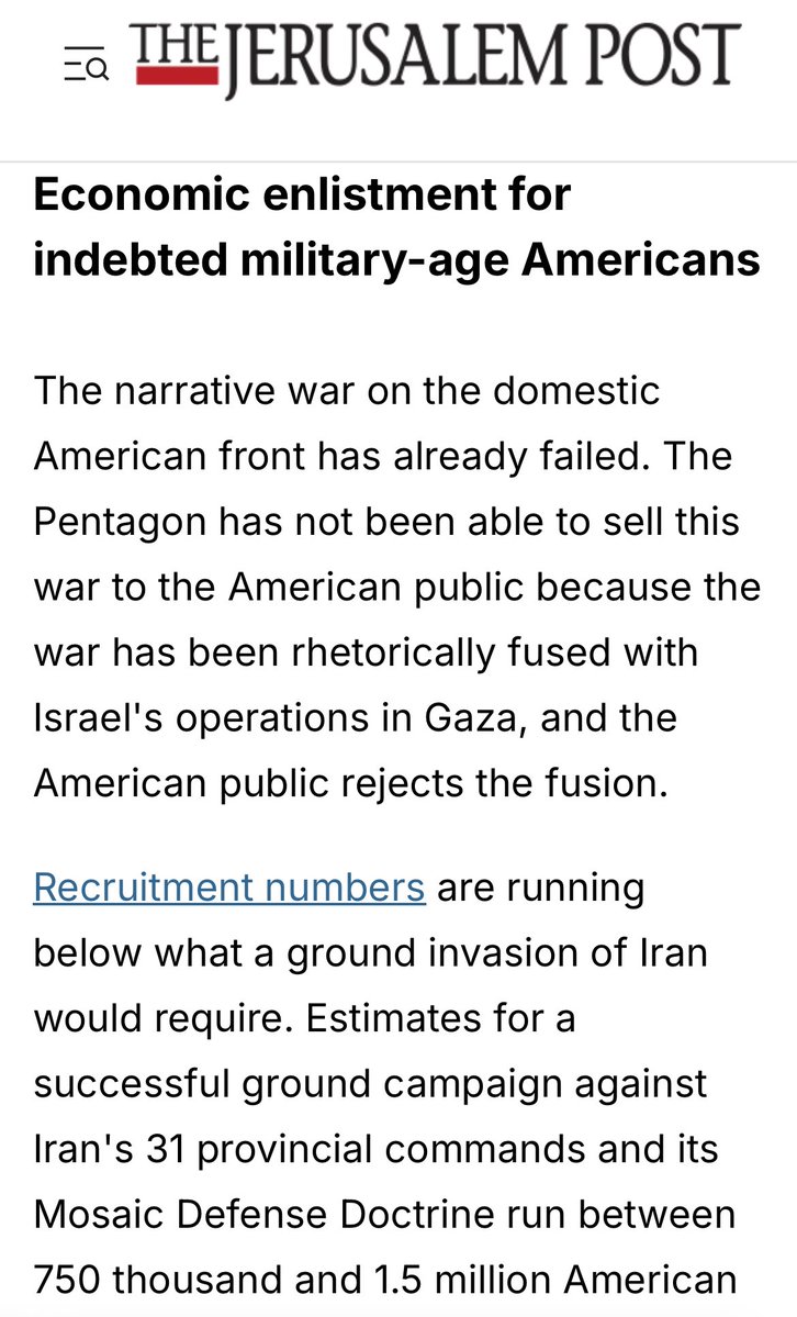 truthstreamnews's tweet photo. So they get people into usury based debt under rising inflation caused by purposefully printing the currency into worthlessness, then offer them the ability to pay that debt off by selling themselves to the government to fight  in a war of choice?

How f-ing diabolical. https://t.co/44z7CEdY4c