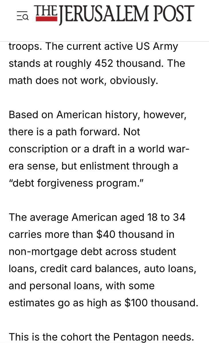 truthstreamnews's tweet photo. So they get people into usury based debt under rising inflation caused by purposefully printing the currency into worthlessness, then offer them the ability to pay that debt off by selling themselves to the government to fight  in a war of choice?

How f-ing diabolical. https://t.co/44z7CEdY4c