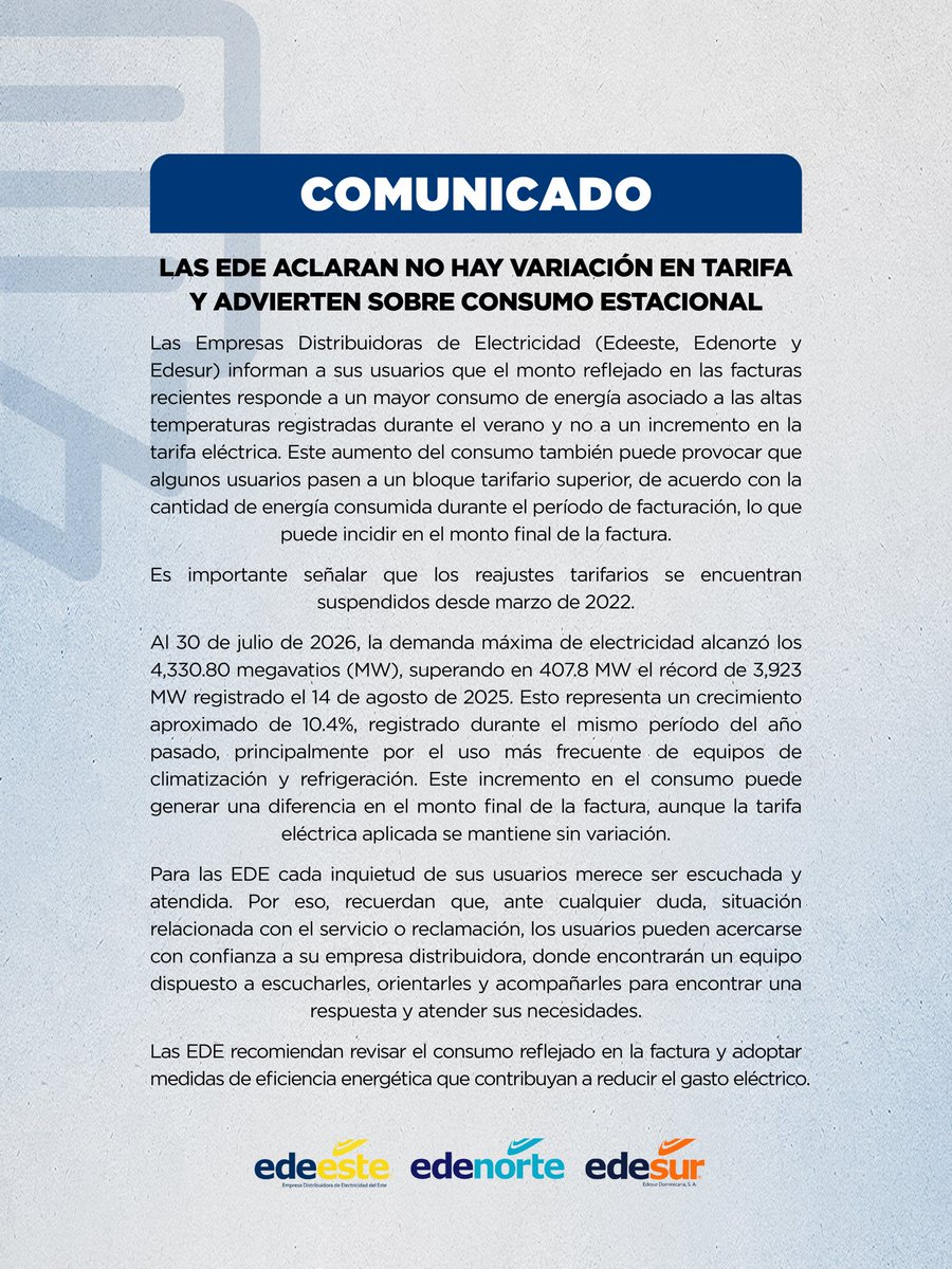 energiayminasrd's tweet photo. El monto reflejado en algunas facturas responde a un mayor consumo de energía, principalmente por las altas temperaturas y el uso más frecuente de equipos de climatización y refrigeración.

#EnergíaYMinasRD #TarifaEléctrica https://t.co/xtjrVlmHxw